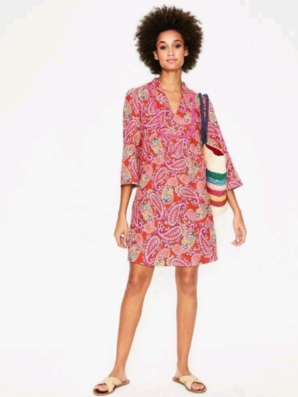 Boden Paisley Boho 100% Linen Tunic Dress Pink Red W0294 Womens 8R